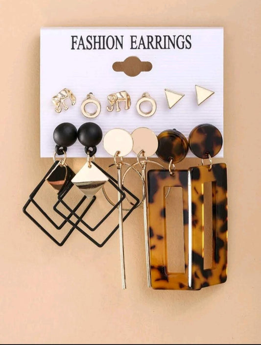 6 Pairs Tortoiseshell Geometric Earrings